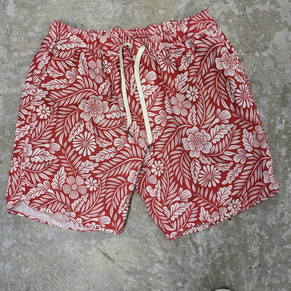 Fair Harbor Hawaiian Swim Trunks Mens XL Lined Coral Red Pattern Beach Shorts